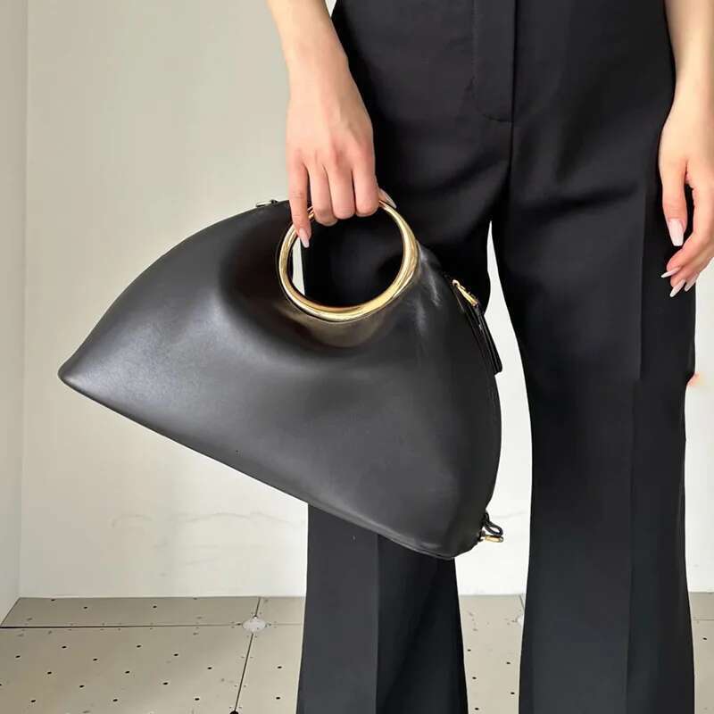 Metallic Round Handle Handbag Designer Evening Bags for Women Soft PU Leather Shoulder Bag 2025 Half Moon Cloud Clutch