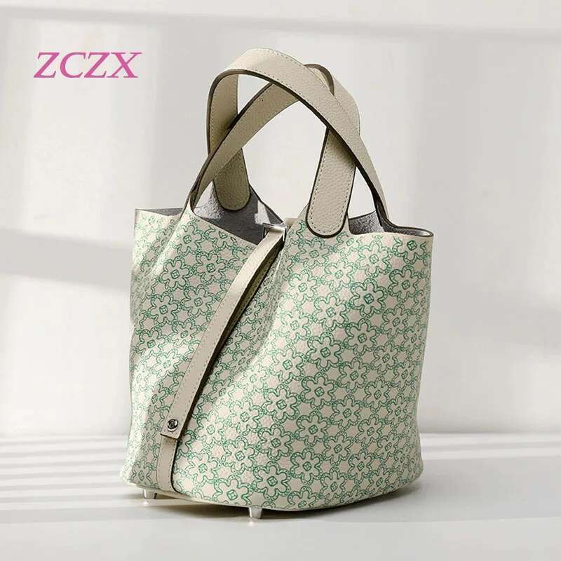 Head layer cowhide flower bucket genuine leather printed women s handbag vegetable basket bag