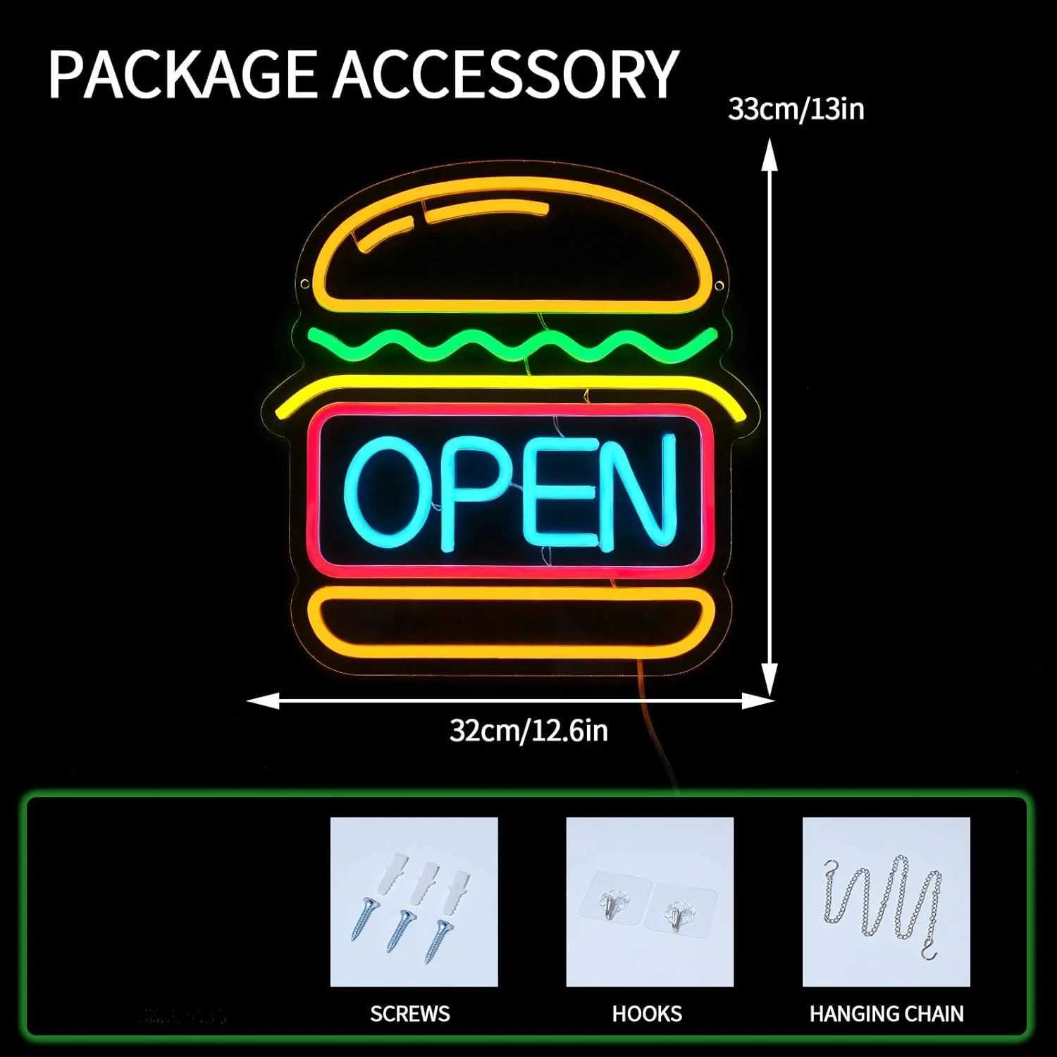 Burgers Open Neon Sign for Wall Decor LED for Business Food Neon Light Room Decor for Bar Party Snack Shop Restaurant Gift W250526