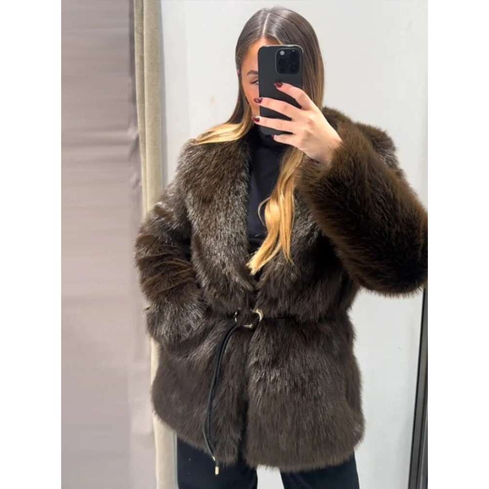 Vintage Fluffy Women's Faux Fur Coats Belt Lapel Full Sleeve Pocket Jacket 2025 Early Spring Warm Thicken Lady Outwear
