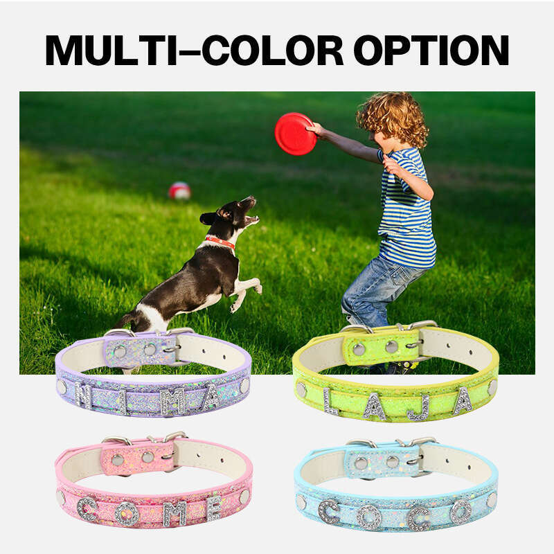 Trendy Letter DIY Pet Collar Leash Cat Necklace Sequin Decor Leather Dog Accessories