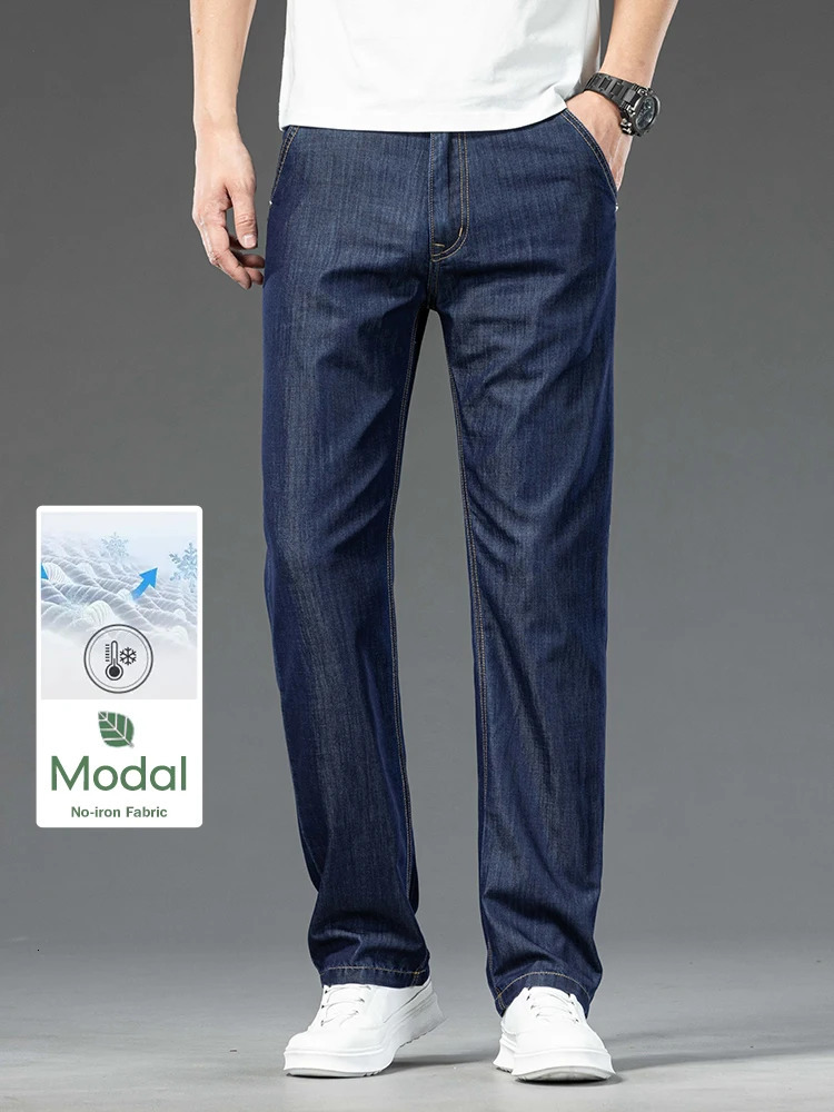 Summer Thin Modal Fabric Jeans Mens Classic Style Loose Straight Business Casual Versatile Denim Long Pants Clothing Male 250520Z