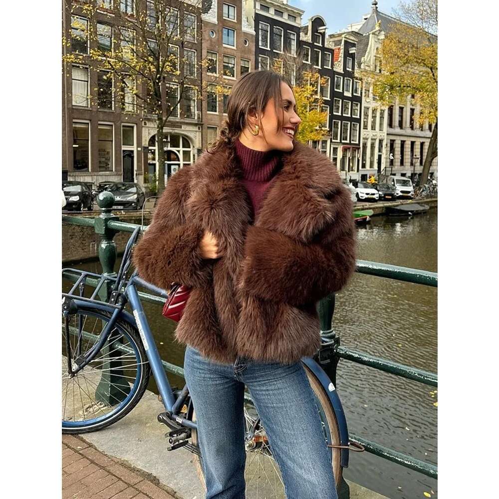 PB&ZA Women's 2024 Autumn/Winter New Jacket Flip Collar Artificial Fur Effect Brown Maillard Short Coat