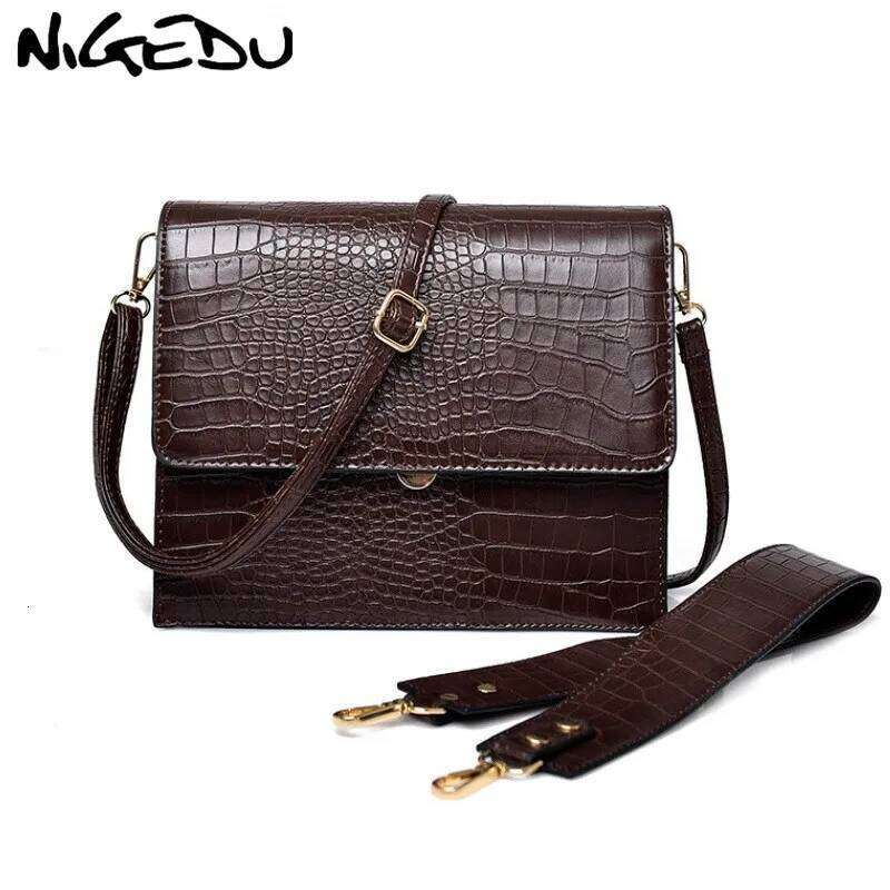 NIGEDU Fashion Women Handbag crocodile Leather Flap Shoulder Bag for Female crossbody bags Large capacity Totes coffee