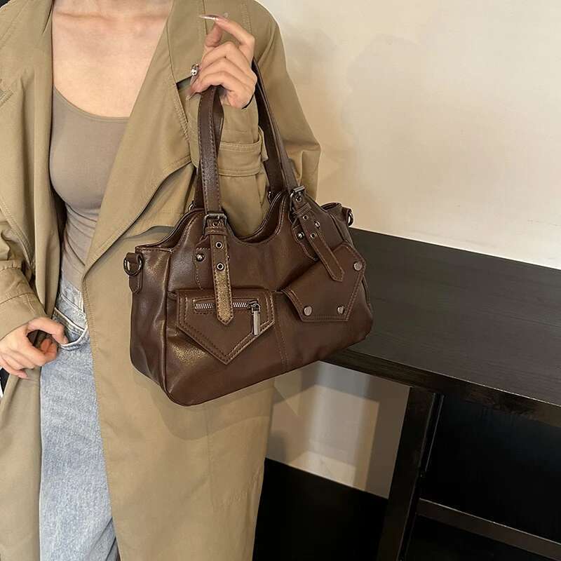 Women PU Fashion Shoulder Large Capacity Vintage Adjustable Strap Slouchy Tote Handbag Multi-pockets Chic Hobo Bag