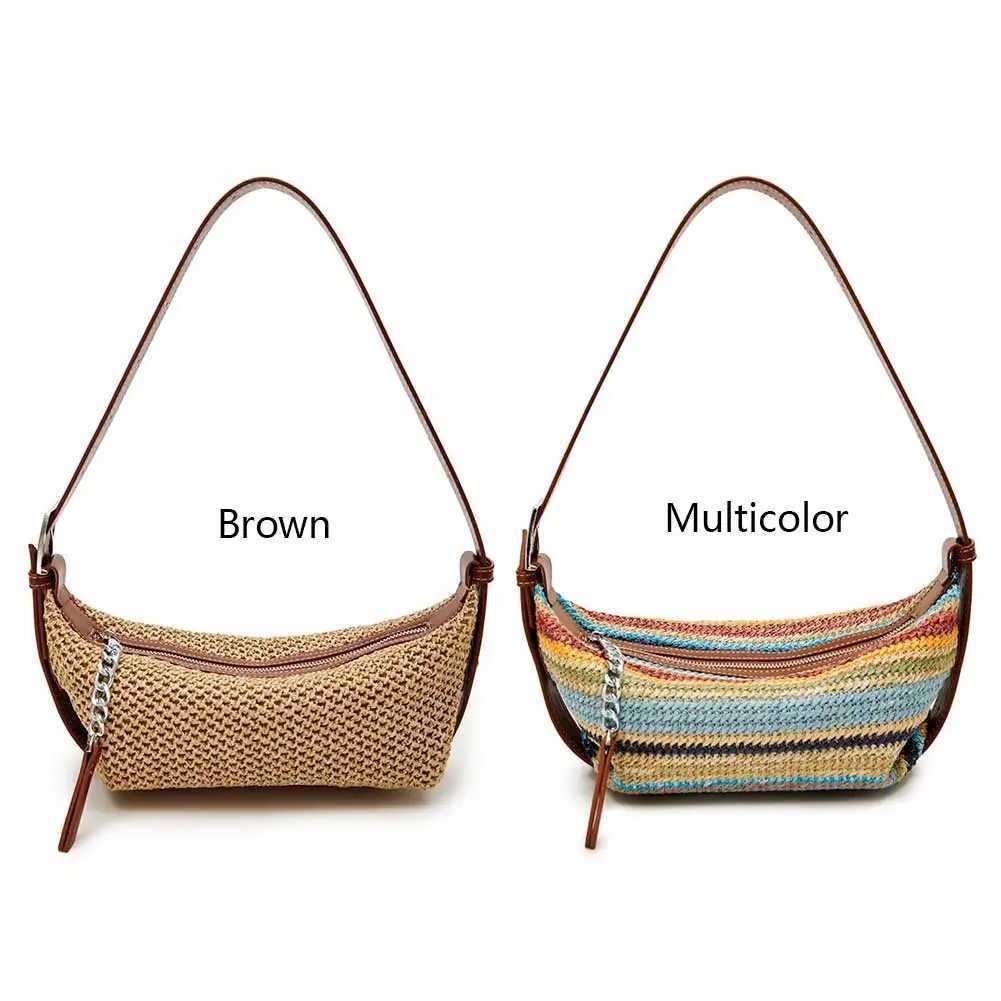 Women Straw Dumpling Bag Adjustable Strap Vintage Shoulder Bag Contrast Color Retro Straw Sling Bag Ladies Summer Daily Bag W250524