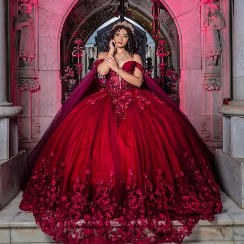 Red Shiny Quinceanera Dresses Ball Gown Off The Shoulder Applique Bow Beading With Cape Tull Party Birthday Sweet 16 Dress Vestidos 15 Anos