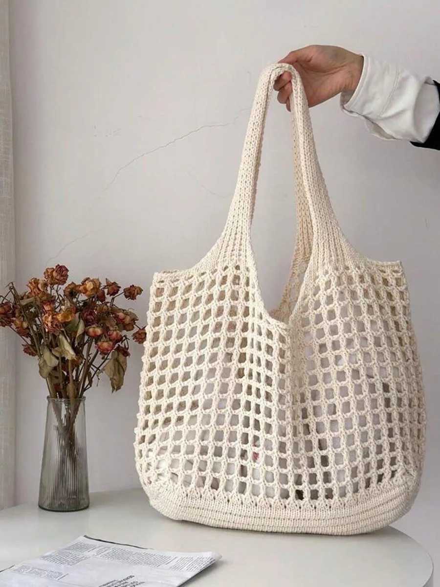 Fashion Vintage Solid Color Knitted Hollow Tote Bag Large Capacity Shopping Shoulder Bag Crochet Handbag for Women W250524