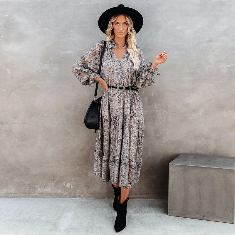 New Womens Wear New Product V-Neck Long Sleeve Dress Loose Dotted Midlength Dress