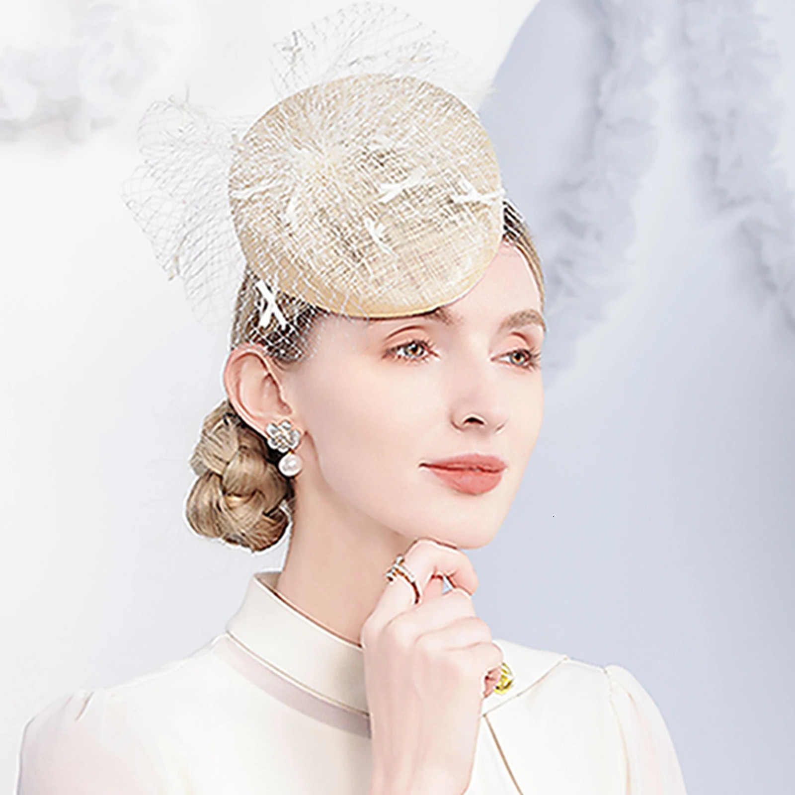 Champagne Feathers Sinamay Fascinator Hat Headband Wedding Veil Tea Party Bridal Hair Accessory 250520