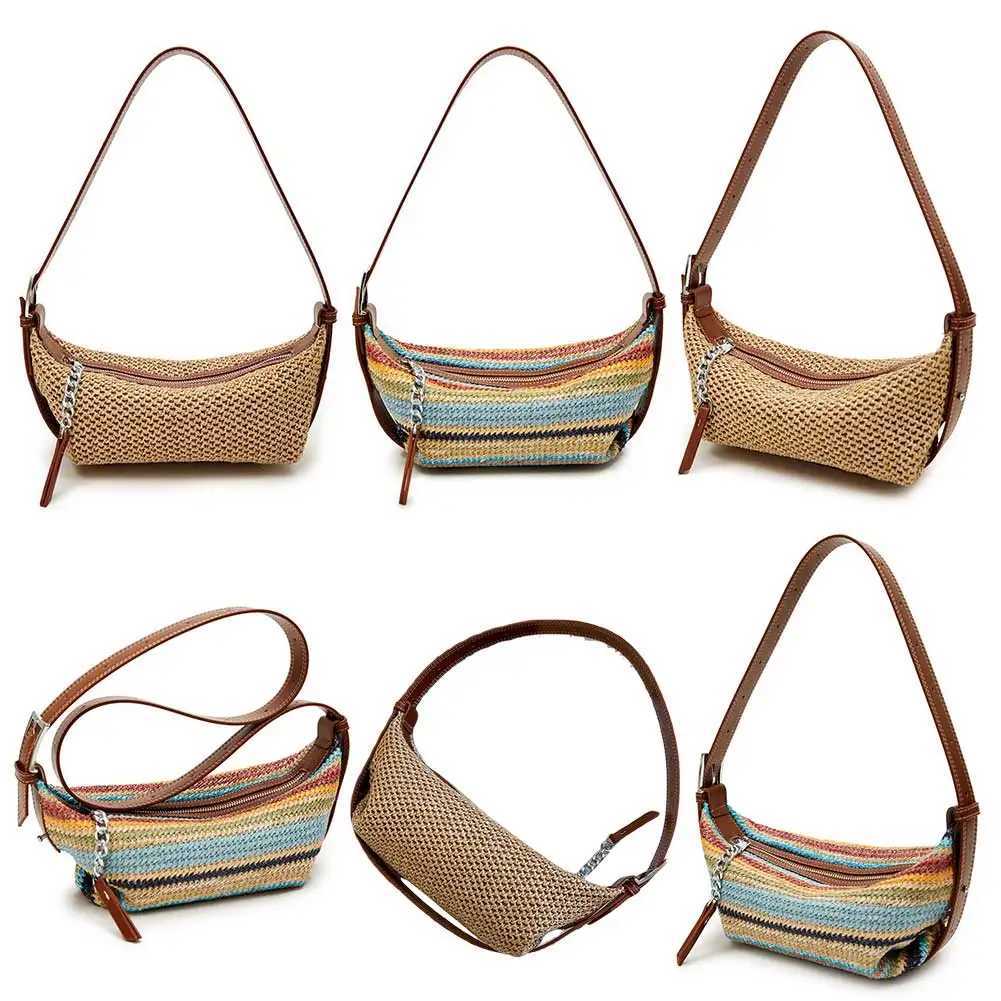 Women Straw Dumpling Bag Adjustable Strap Vintage Shoulder Bag Contrast Color Retro Straw Sling Bag Ladies Summer Daily Bag W250524