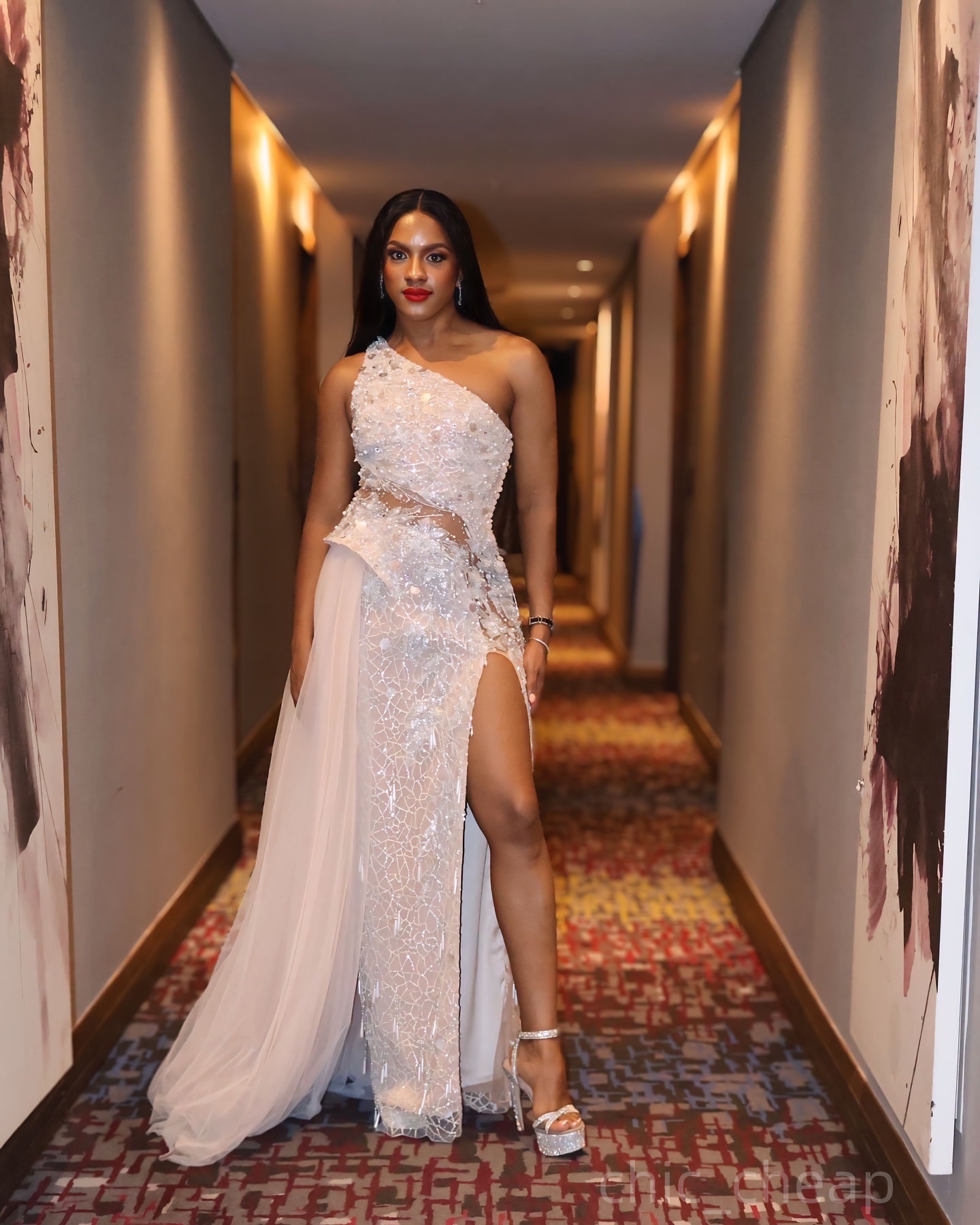 Ivory Sheath Prom Dresses 2025 One Shoulder Lace Sequins High Split Evening Formal Party Second Birthday Engagement Gowns Plus Size Dress For Special 