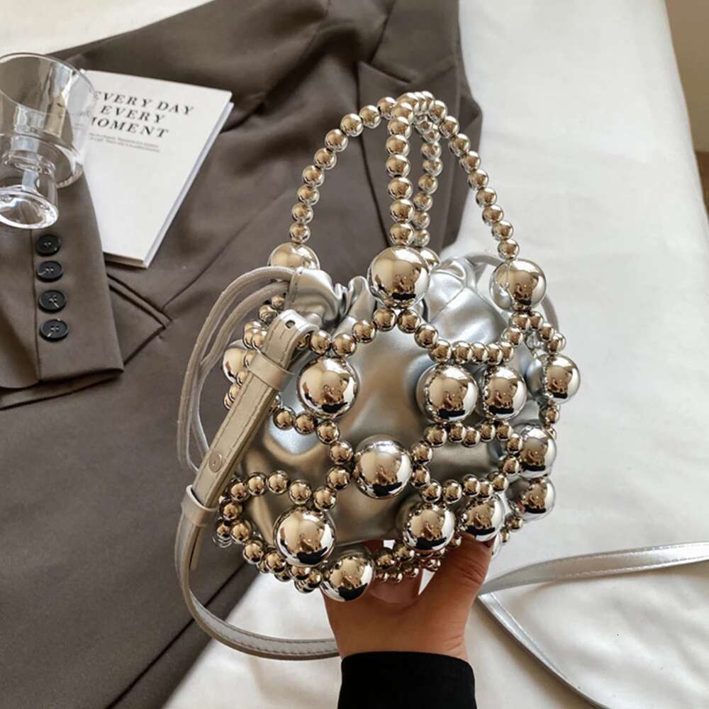 Beaded Handbags Hollow Woven Pearls Bags for Women Fashion Drawstring Shoulder Lady Evening Bag Party Wedding Clutch