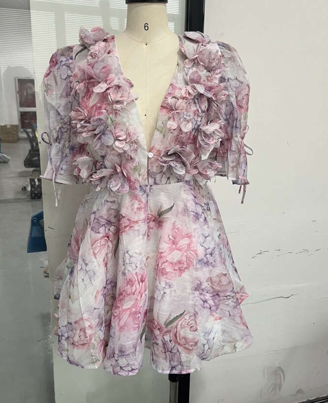 Backless Sexy Dress Pink Deep V Neck Spring New Socialite Style Printed Short Dress Sexy Flowy Dresses