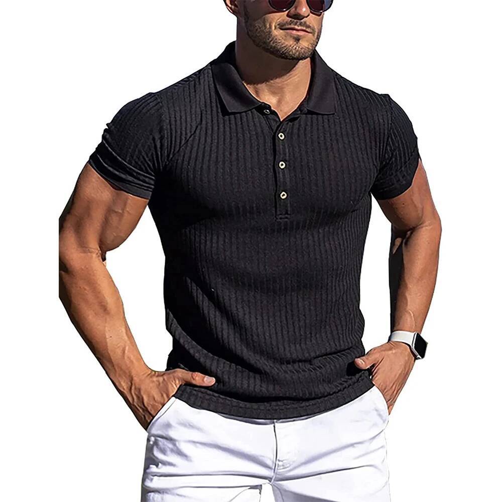 New Summer Solid Stripe Fiess Elasticity Short Sleeve Polo for Men Fashion Stand Collar Mens Shirts