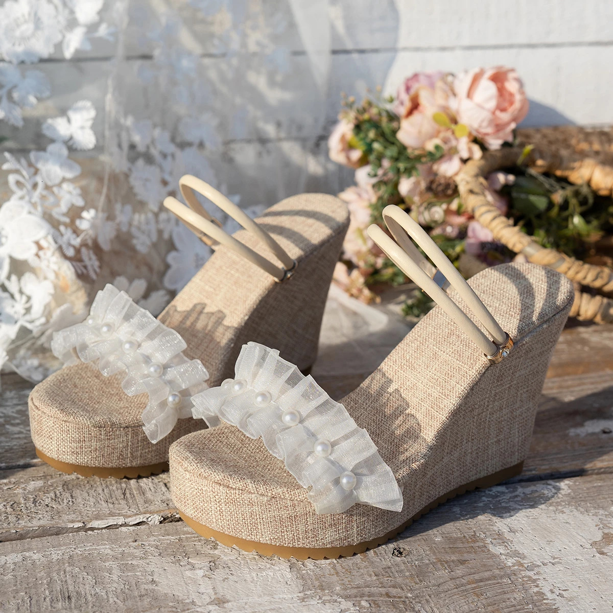 Women Summer Platform Wedges Open Toe Sandals Fashion High Heel Dress Shoes Lace Pleated Detail Pearl Decor Woman Slippers 250526