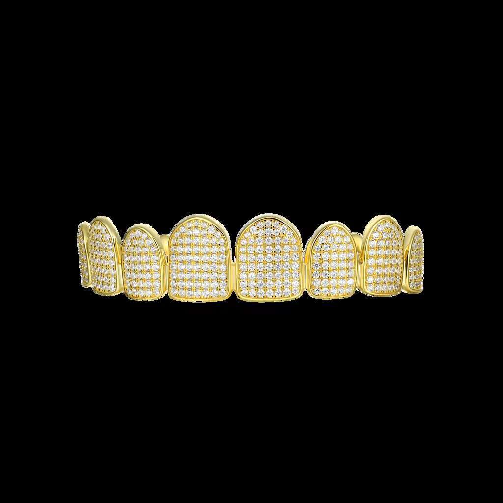 Fully Iced Gold Grillz Hip Hop Diamond Teeth Grillz 8 Top 8 Bottom Teeth One Size Fits All Moissanite Main Stone for Weddings