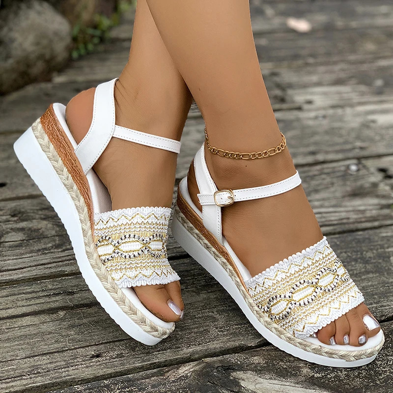 Plus Size Wedges Bohemian Sandals for Women Summer 2025 Platform Thick Bottom Sandles Woman Embroidery Lightweight Rome Sandals 250519