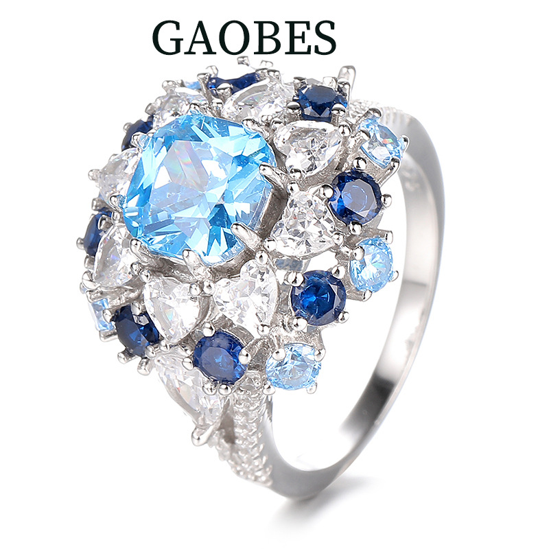 High-End 925 Sterling Silver Blue Synthetic Zirconia Statement Ring for Women, Elegant and Fashionable Jewelry, Perfect for Special Occasions