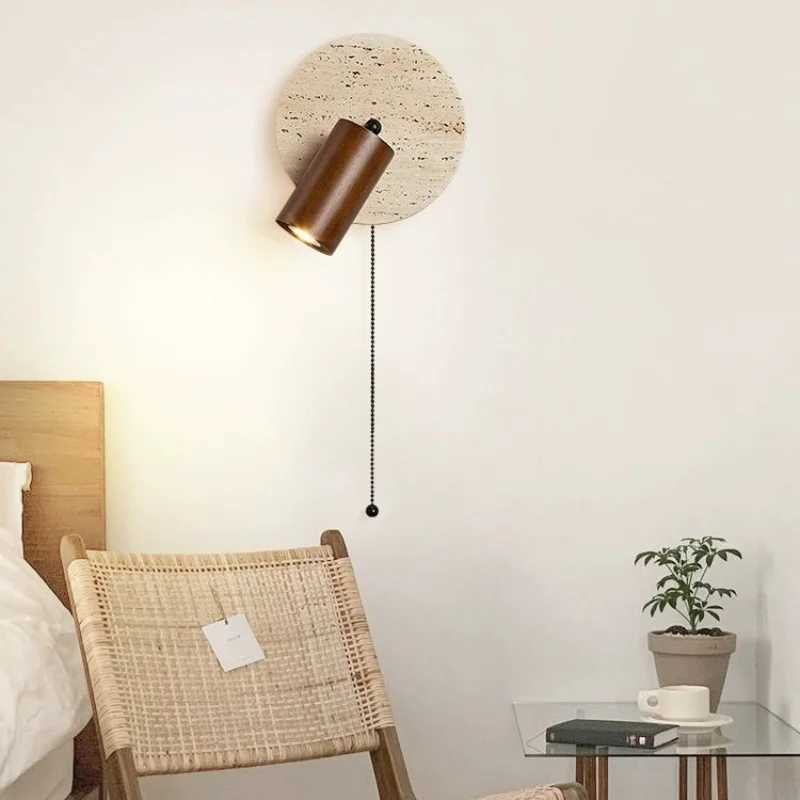 Bedroom Beside LED Wall Lamp Round Stone Reading Light Rotatable Spot Lights With Pull Switch Walnut Log Wood Color HomeDecorXJ250526