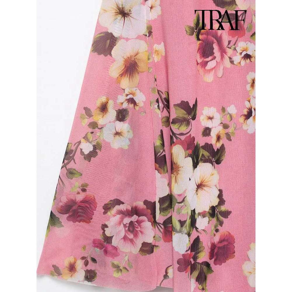 TRAF Women's Fashion Summer Tulle Floral V-Neck Spaghetti Strap Backless Asymmetric Camisole Top + High Waisted Halter Skirt Set