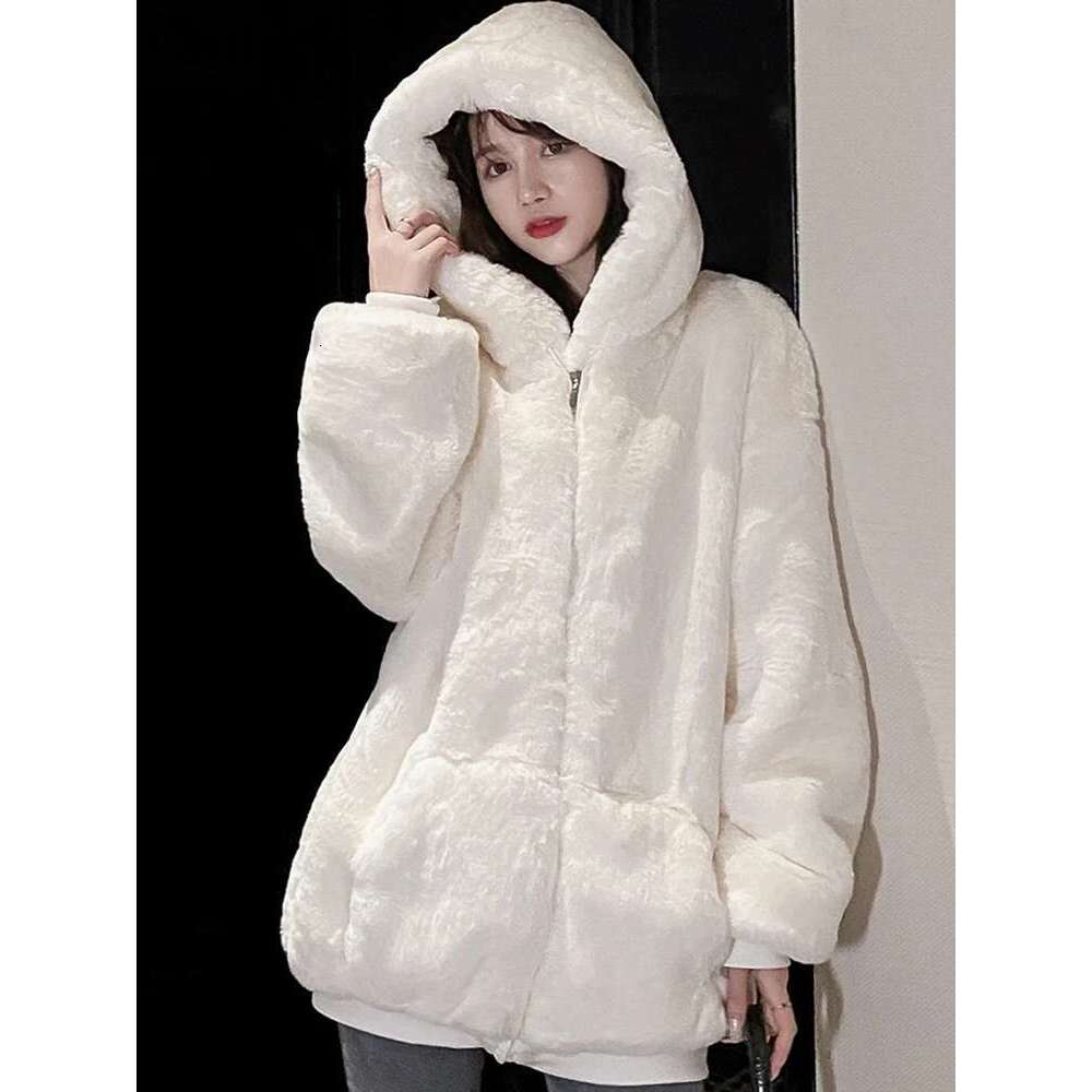 Lautaro-Oversized Faux Fur Jacket for Women, Fluffy, Warm, Soft, White, Long Sleeve, Black, Zip Up, Korean Hoodie, Winter