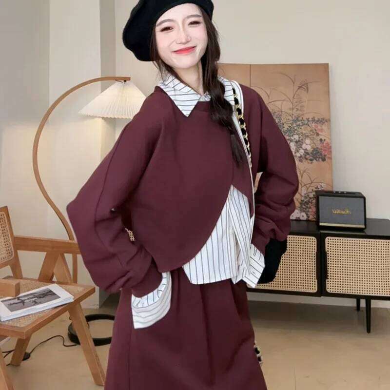 London Nightgown Women's Niche Design Sense Wine Red Sweatshirt Anti-Aging Girl Two-Piece Set Autumn Season