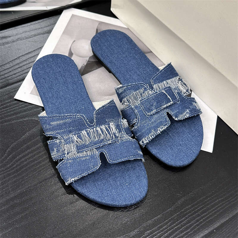 Large Women's Flat Slippers, Indoor And Outdoor Brushed Denim Sandals, One Line Lightweight Flat Sandals, Designer Sandals