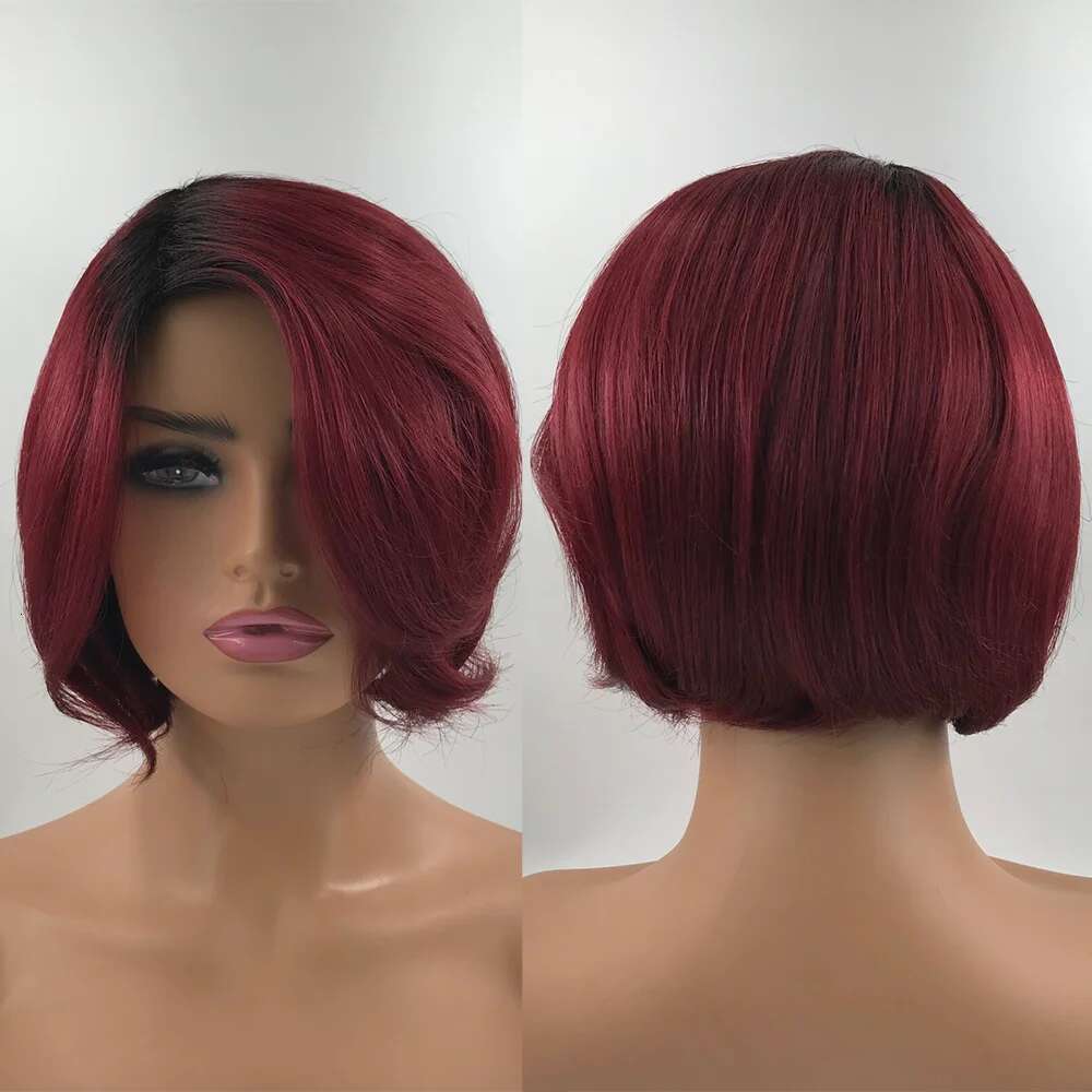 99J Pixie Cut Short Bob Human Hair For Women Full hine Made Wine Red Wigs With Bangs Christmas Party