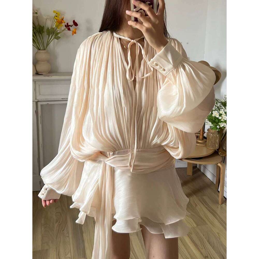 TWOTWINSTYLE Solid Blouse Mini Dresses For Women V Neck Long Sleeve Spliced Lace Up Sweet Style Dress Female Clothing Fashion
