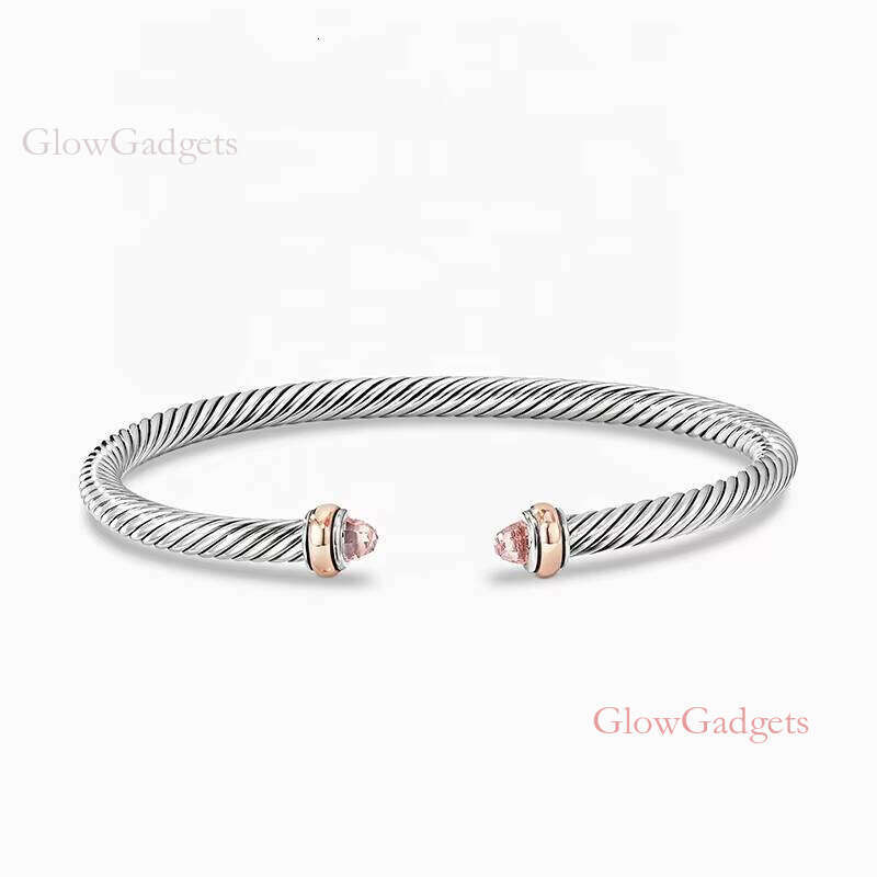 Brand Designer Sterling Sier Pink Morganite Twisted Helix Classic Cable Bracelet for Women Rhodium Plated Bangles