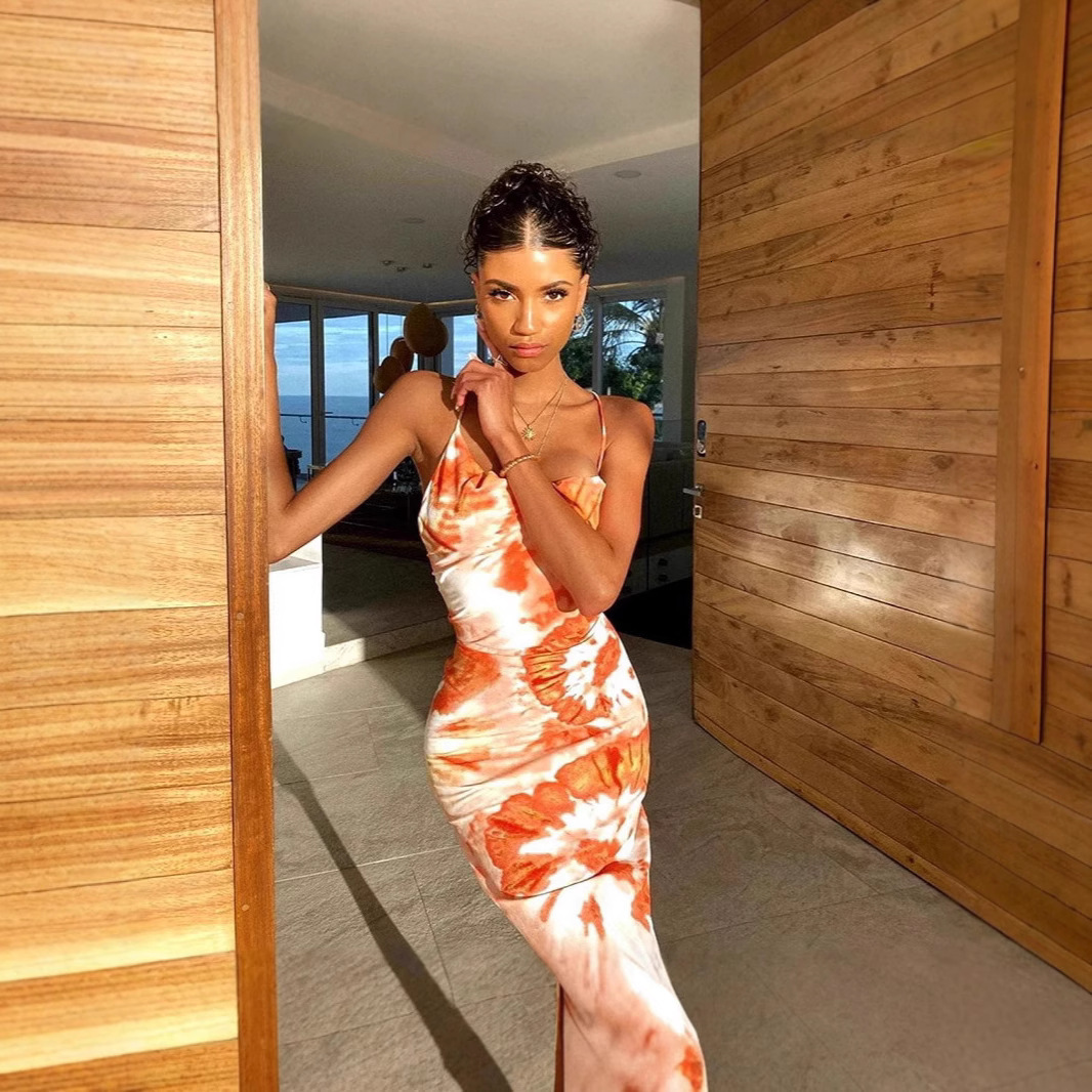 2025 womens summer new print tie dye backless strap long dress for women