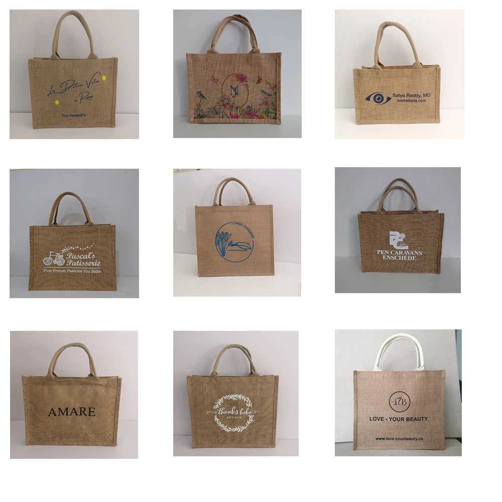 100pcs/lot Custom Printed Grocery Eco Friendly Waterproof Natural Laminated Burlap Sack Jute Beach Bag for Women Towel Wedding W250524