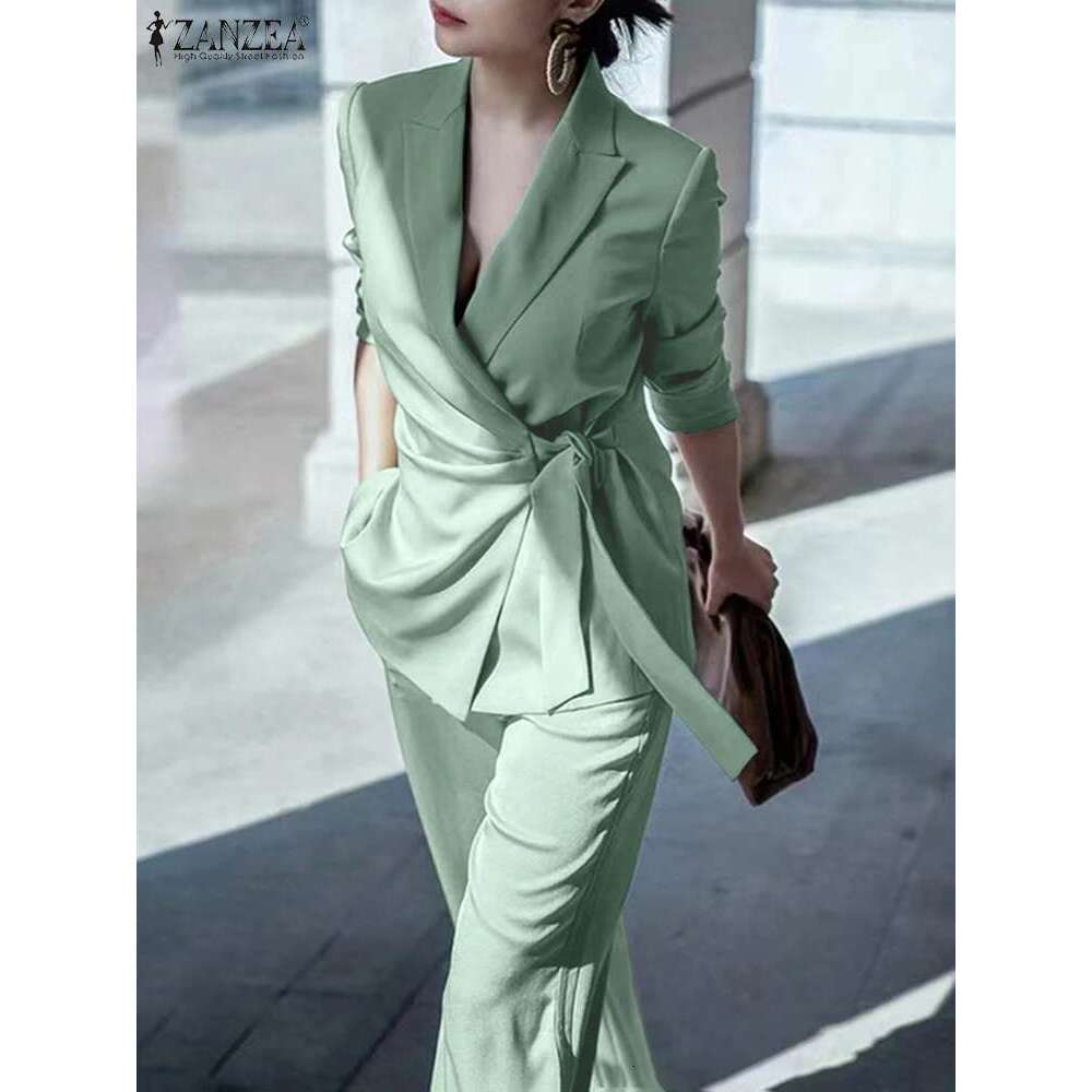 ZANZEA Elegant Office Lady Blazer Suits Women Tied Waist Top And 2Pcs Outfits Streetwear Commute Classy Pant Sets