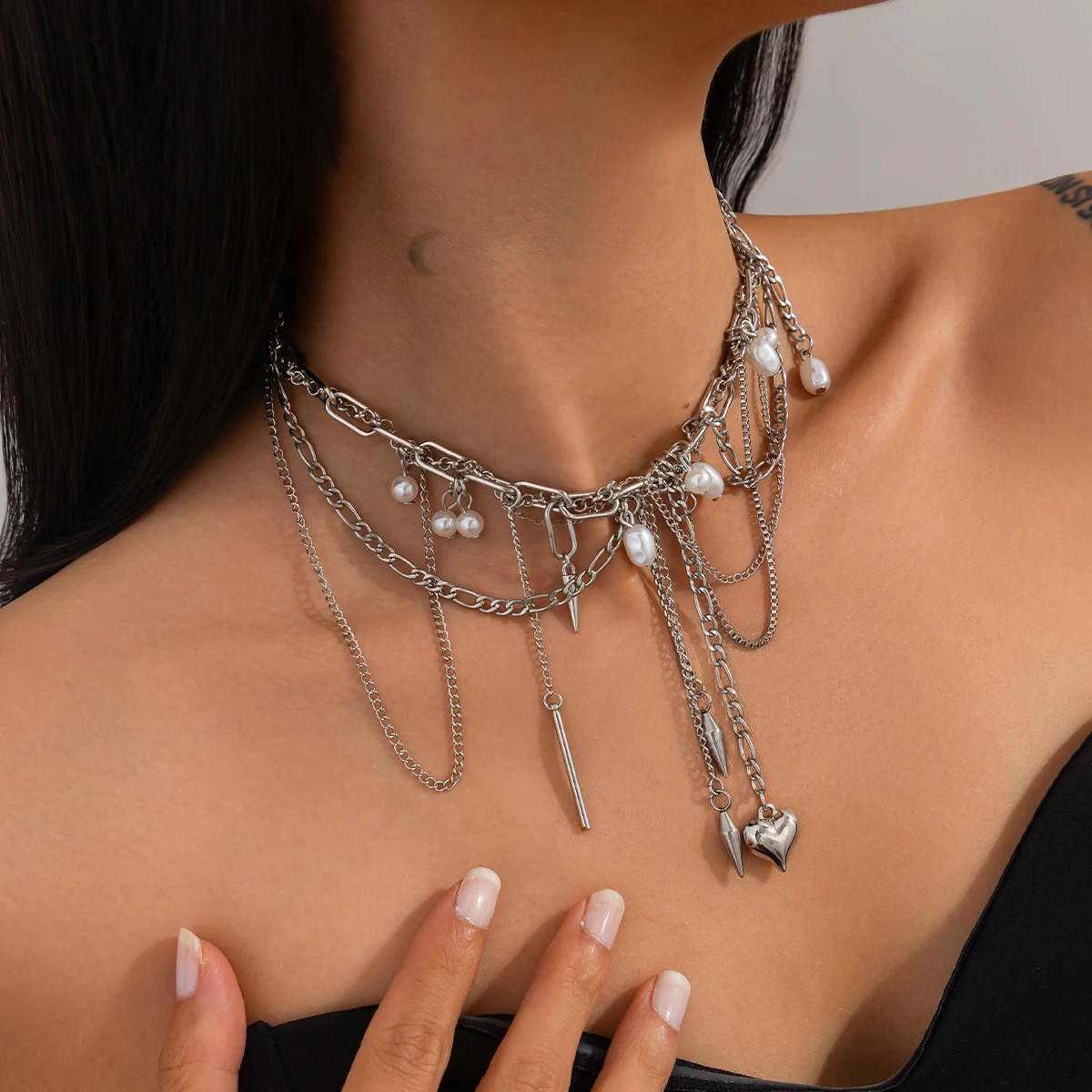 Ingemark Multilayer Tassel Love Heart Pendant Choker Necklace for Women Trend Punk Silver Color Metal Chain Party Jewelry Gift 250522