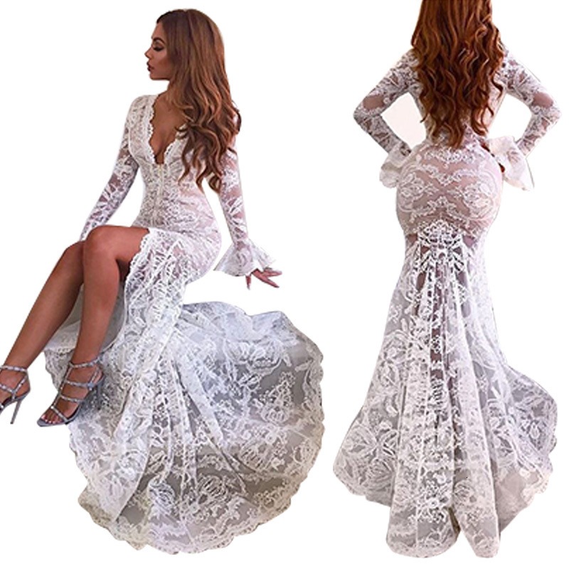 New Perspective Lace Dress Style Sexy Deep V Split Long Sleeve Fishtail Dress