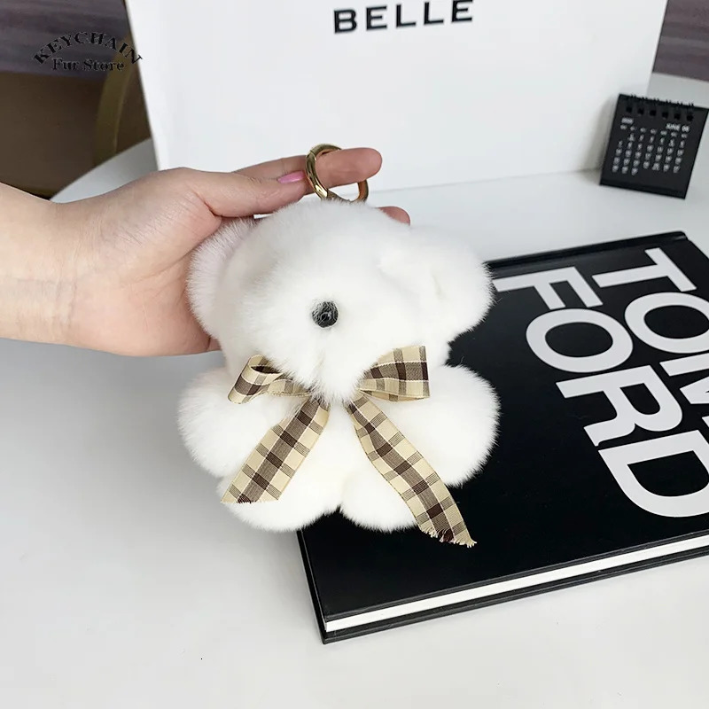 Cute Key Chain Fluffy Plush Little Bear Toy Women Rex Rabbit Fur Keychain Plush Panda Handbag Pendant Car Keyring Girls Gift R250525