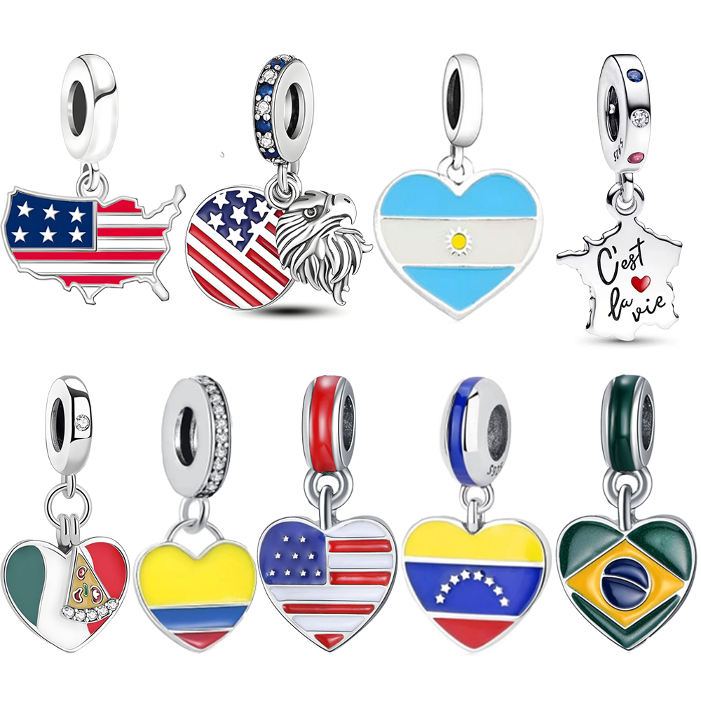 FewDook 2025 New Fashion Charms Brazil, Venezuela, Italy, American Flag Eagle Pendant Fit Original Pan Bracelets Beads DIY Women High Quality Jewelry 