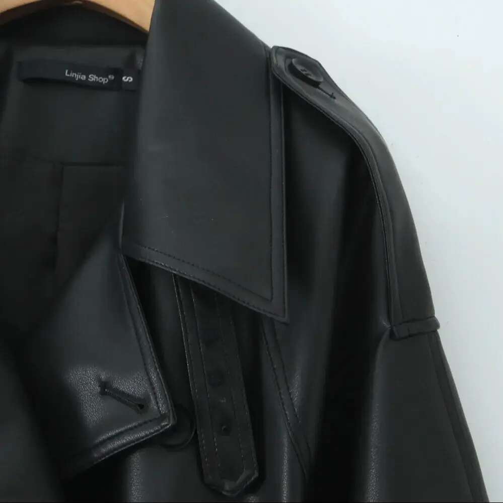 2024 American Retro COOL Women Lapel PU Leather Trench Black Tie Bow Sashe Bat Sleeve Windbreaker Midi Long Coat Loose Outerwear