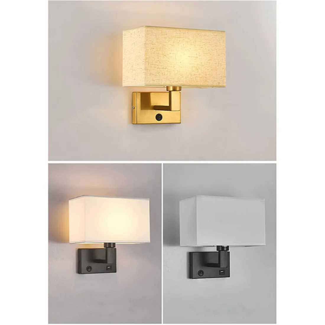 Minimalist Black or Bronze Wall Sconces with Rectangle White Yellow Fabric Shade for Bedroom Hallway USB Wall Lights with SwitchXJ250526