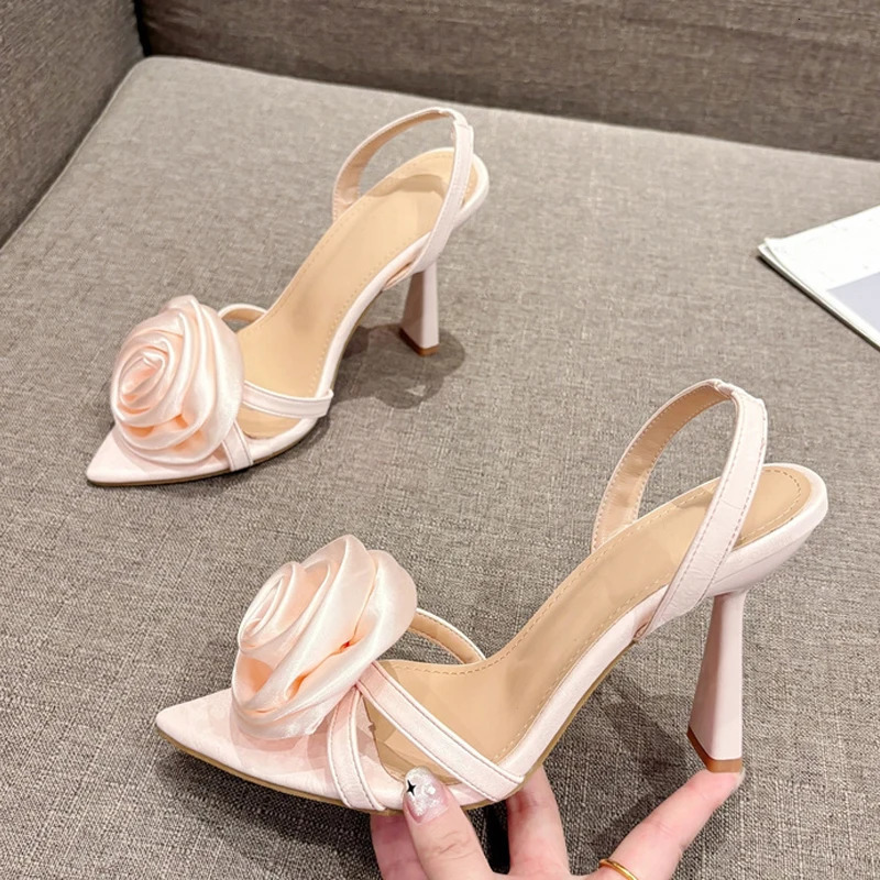 Likes Summer Fashion Silk Rose Flowers Pointed Open Toe Back Strap Sandals Women Red High Heels Wedding Prom Shoes Zapatos Mujer 250526