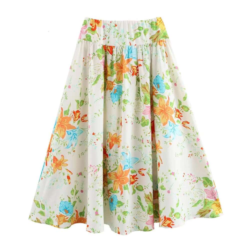 Pb&Za Summer New Women's Fashion Temperament Vacation Style Printed Short Sleeved Shirt High Waisted Skirt Two-Piece Set