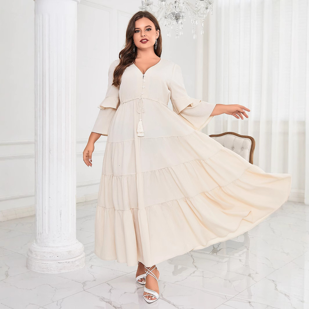 2025 Spring/Summer New Womens Fashion Casual Solid Color Big Swing V-neck Skirt