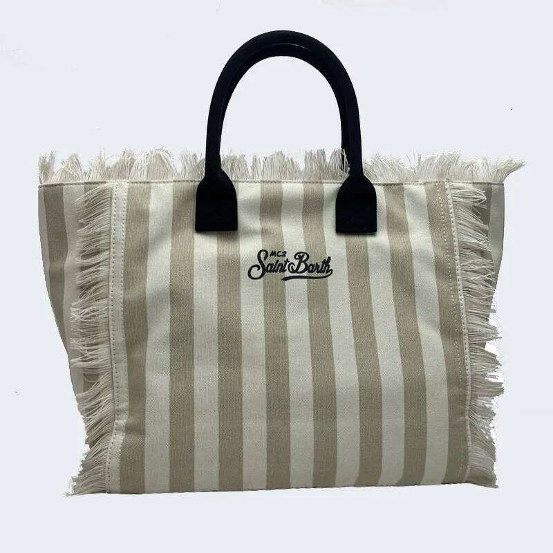 Saint Barth European And American New Women's Large Capacity Casual Beach Canvas Striped Tassel Handheld Tote Bag