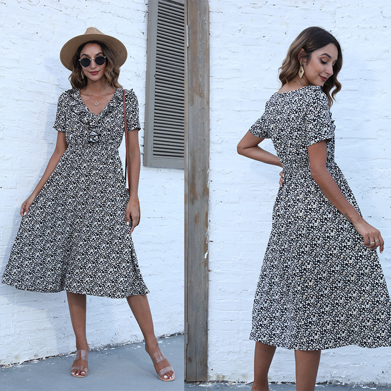 New temperament slim fit long V-neck short sleeved womens dress