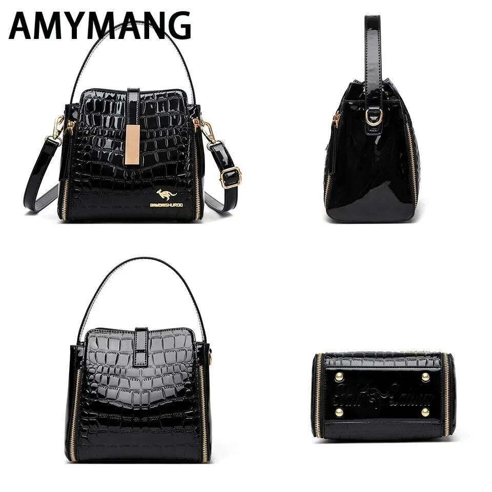 Women Patent Handbag High Quality lnterior Slot Pocket Leather Bucket Female Shoulder Brand Crossbody Bag