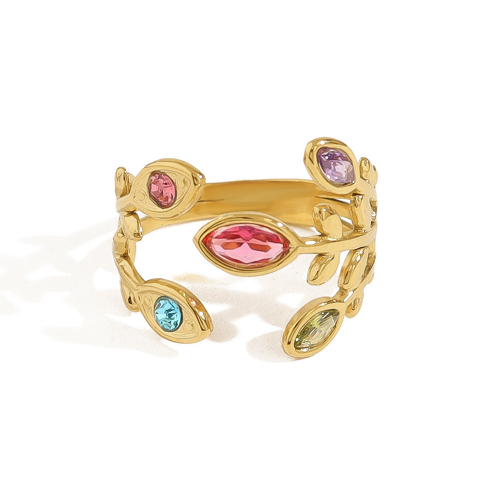 Spring/Summer New Rainbow Zircon Leaf Ring for Women 18K Gold Steel Open End Ring French Handmade