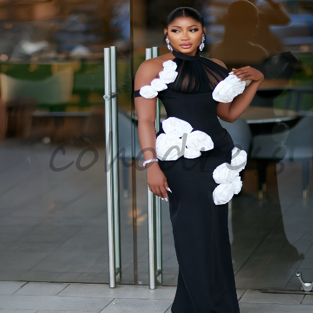 Charming Black Mermaid Prom Dress With Florals Plus Size Black Girls Evening Dress 2025 Halter Bespoke Occasion Formal Party Dress Aso Ebi Vestio De N