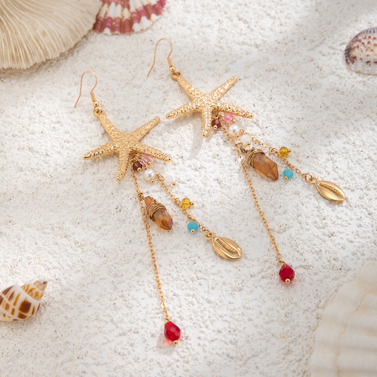 European and American Cross border Ocean themed Ins style Metal Starfish and Jellyfish Studs with Bohemian Imitation Pearl and Crystal Tassel Earrings