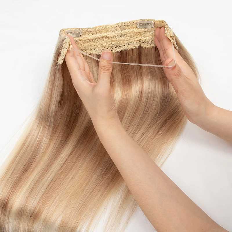 MRSHAIR Clip in Hair Extensions Human Hair One Piece Straight P18-613 Blonde Natural Hair Extensions 12-24inch Fish Line 4 Clips S25526